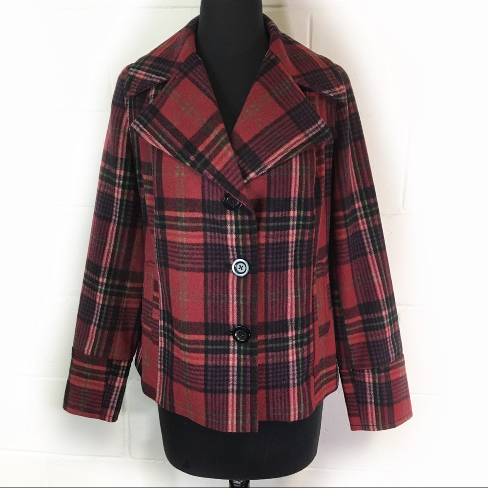 Old Navy Dark Academia Red And Black Plaid Cloth Pea Coat Jacket